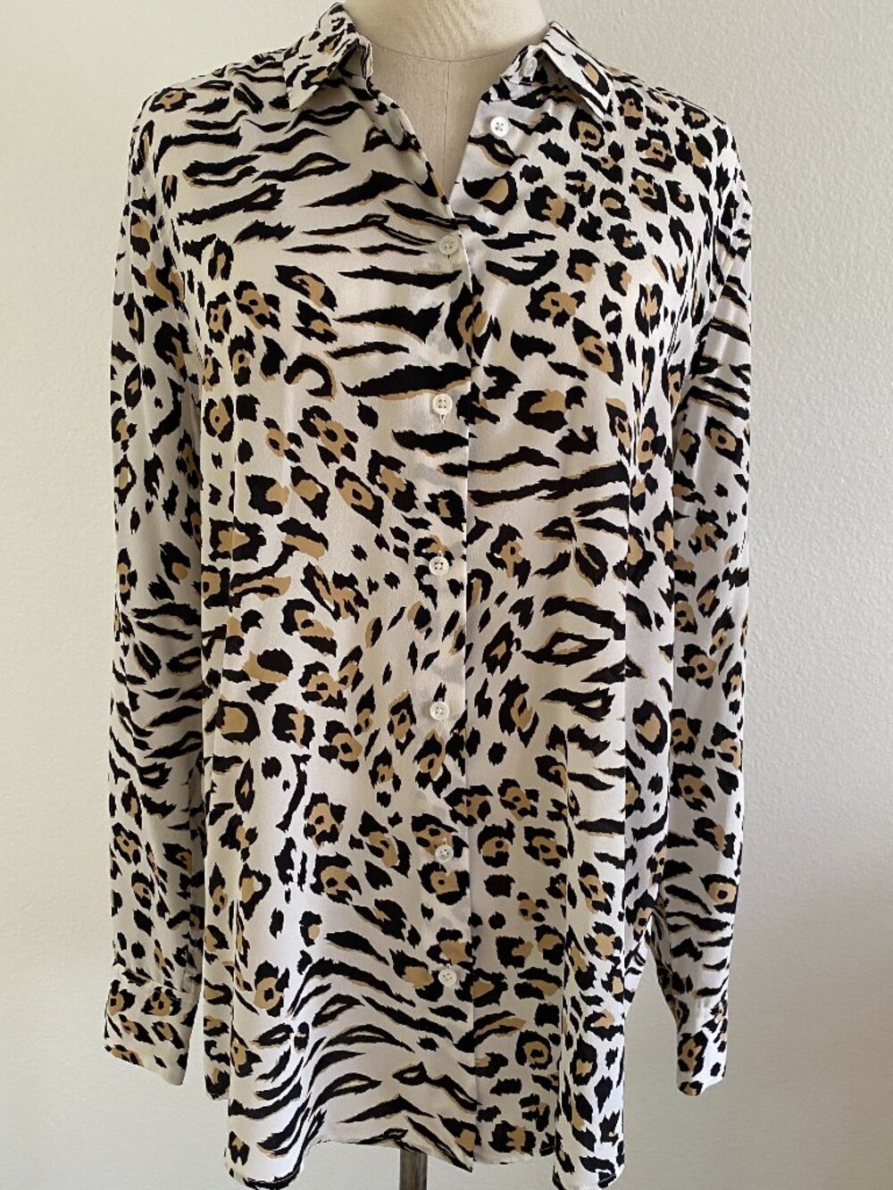 Equipment Silk Leopard Cheetah Animal Print Long Sleeve Blouse - L